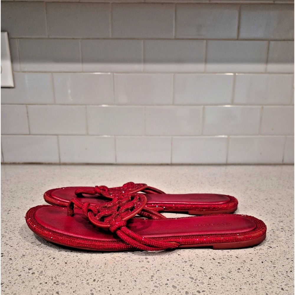 Tory Burch Women's Red Patent Leather Logo Rhinestone Thong Slip-On Sandals 10.5 - Picture 3 of 7